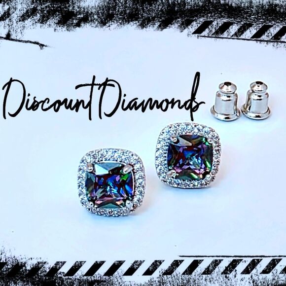 Amethyst & Clear White Baguette Diamond Stud Earrings on 925 Sterling Silver - Picture 1 of 4